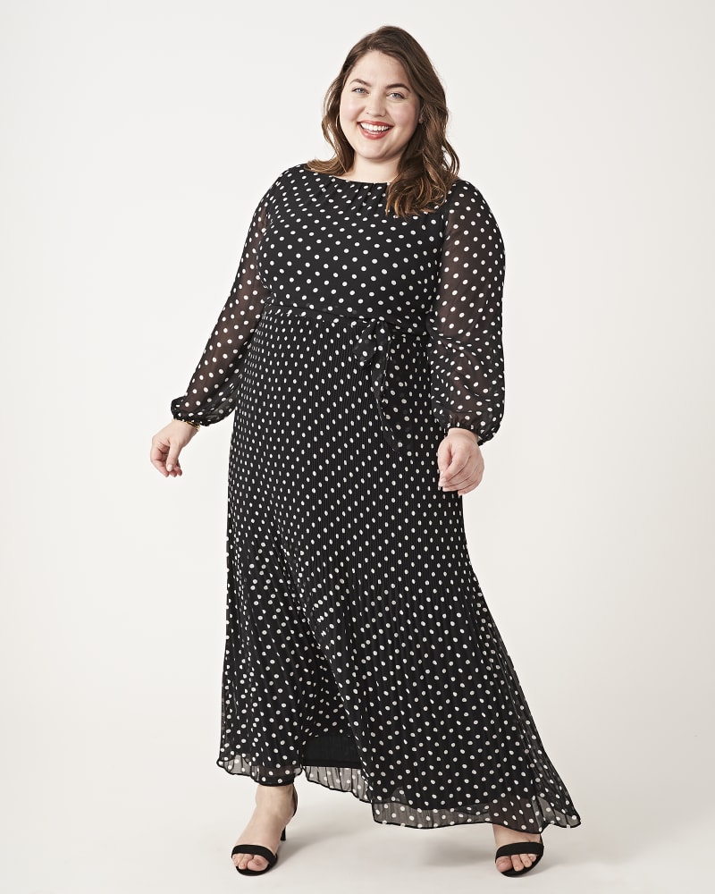 Plus size model with rectangle body shape wearing Arwen Pleated Polka Dot Maxi Dress by Chetta B. | Dia&Co | dia_product_style_image_id:161014